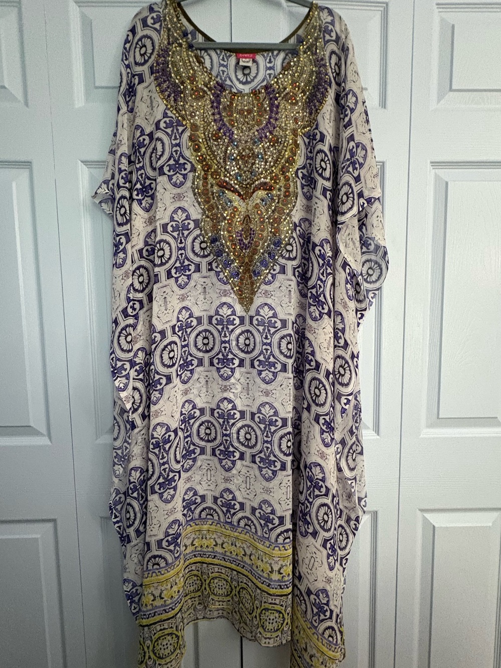 Embellished Boho Kaftan Tunic - White & Purple O/S